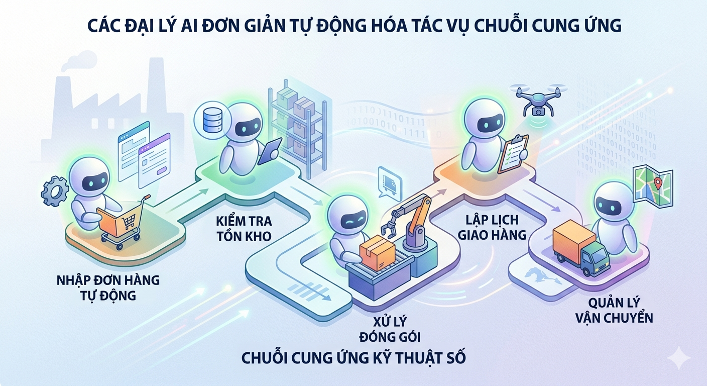 Simple AI Agents đang được triển khai để tự động hóa các tác vụ đơn lẻ trong chuỗi cung ứng